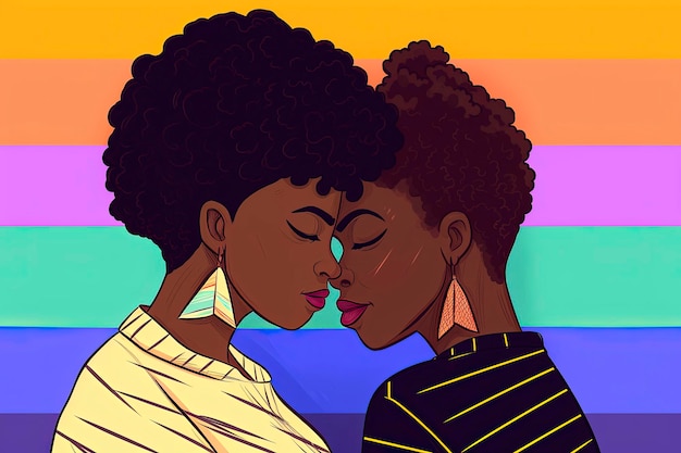 Illustrazione di sfondo AI generativa di lesbiche felici uno caucasico uno nero che si bacia durante l'orgoglio gay