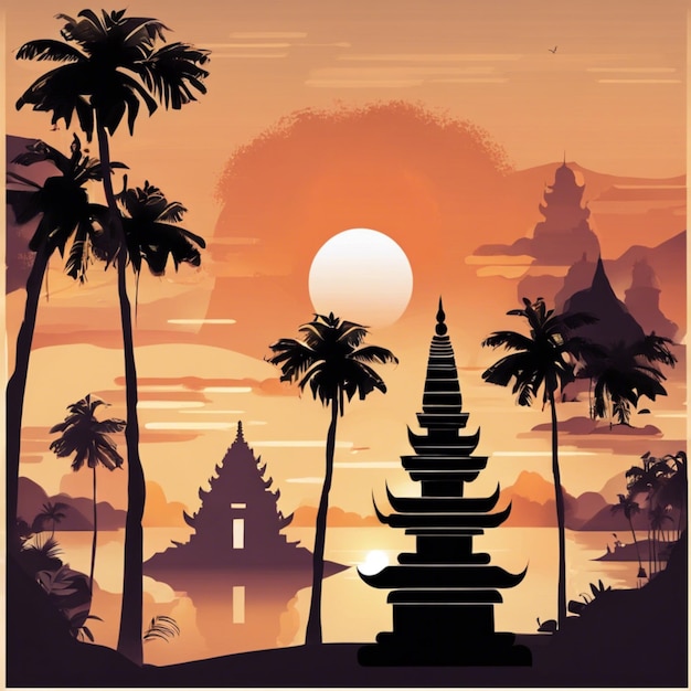 Illustrazione di sfondo del giorno di Nyepi con il tempio al tramonto