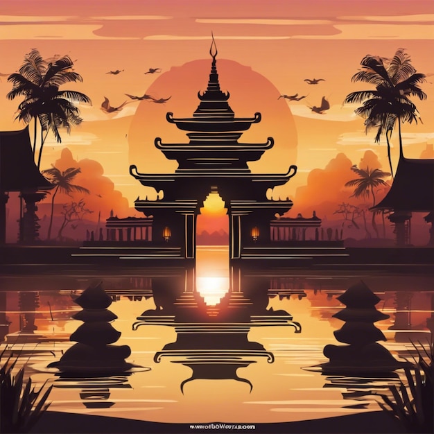 Illustrazione di sfondo del giorno di Nyepi con il tempio al tramonto