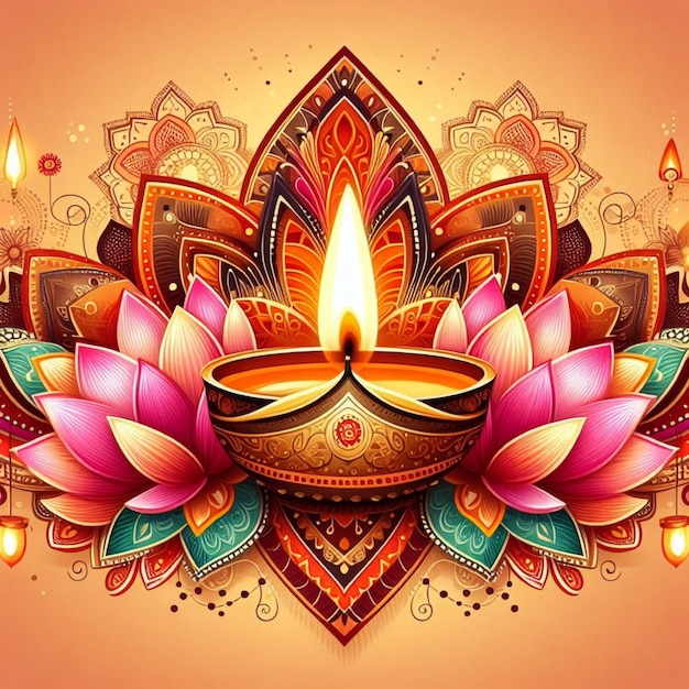 Illustrazione di sfondo di Diwali felice con lampada diya e fiore di loto