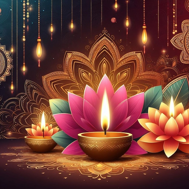 Illustrazione di sfondo di Diwali felice con lampada diya e fiore di loto