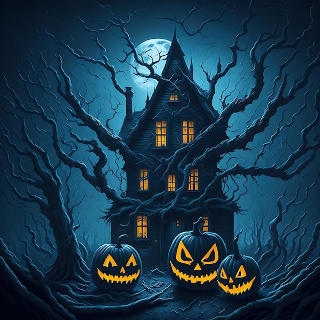 Illustrazione di sfondo di Halloween con casa fantasma, albero morto e zucche inquietanti