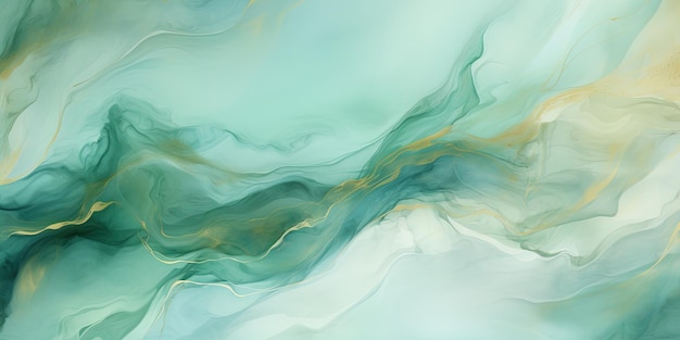 Illustrazione di sfondo in acquerello astratto colore acquamarino verde pastello morbido e linee dorate con fluido liquido consistenza di carta marmorizzata consistenza di banner