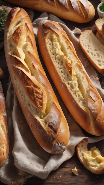 Illustrazione di sfondo orizzontale di pane baguette appena cotto