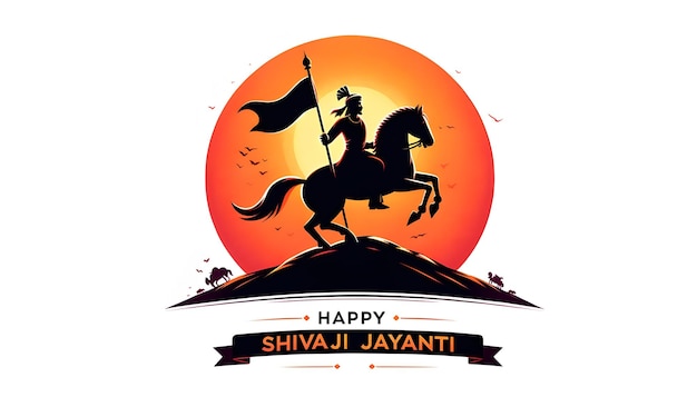 Illustrazione di Shivaji jayanti con una silhouette di un re Shivaji maharaj a cavallo che tiene una bandiera