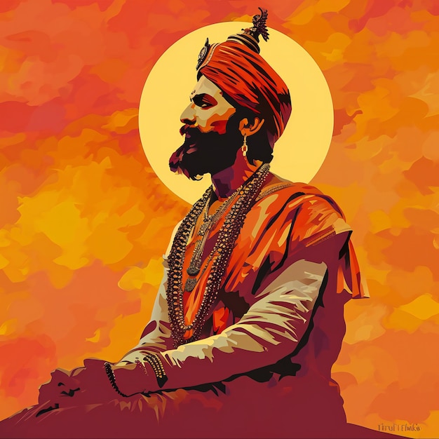 Illustrazione di Shivaji maharaj in tonalità arancione.