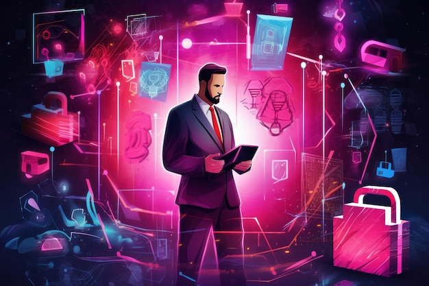 Illustrazione di sicurezza informatica di un uomo d'affari con un lucchetto ad alta tecnologia e online elettronico