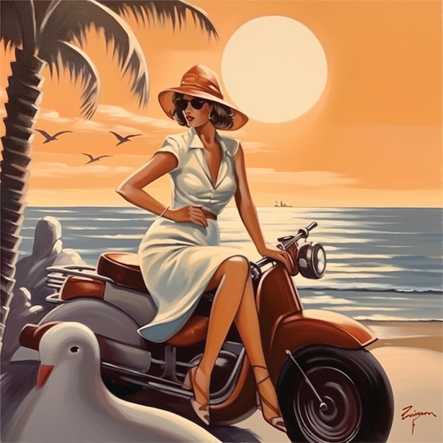 illustrazione di signora vintage sulla vespa