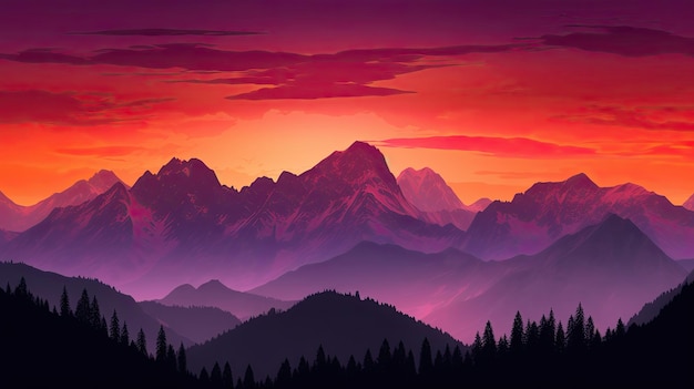 Illustrazione di silhouette di montagne al crepuscolo con colori viola rosso e arancione