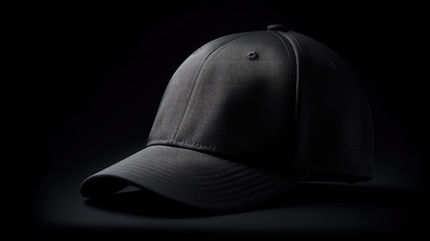 Illustrazione di snapback nero su sfondo scuro Mock up hat cap per l'identità del marchio del logo, ecc. AI generativa