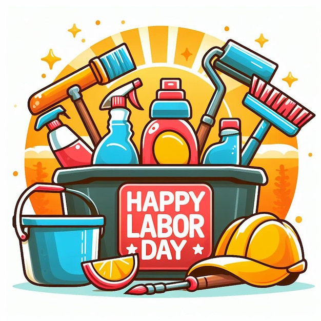 illustrazione di strumenti di pulizia testo di felice giorno del lavoro