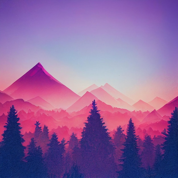 Illustrazione di synthwave del paesaggio di montagna di Vaporwave