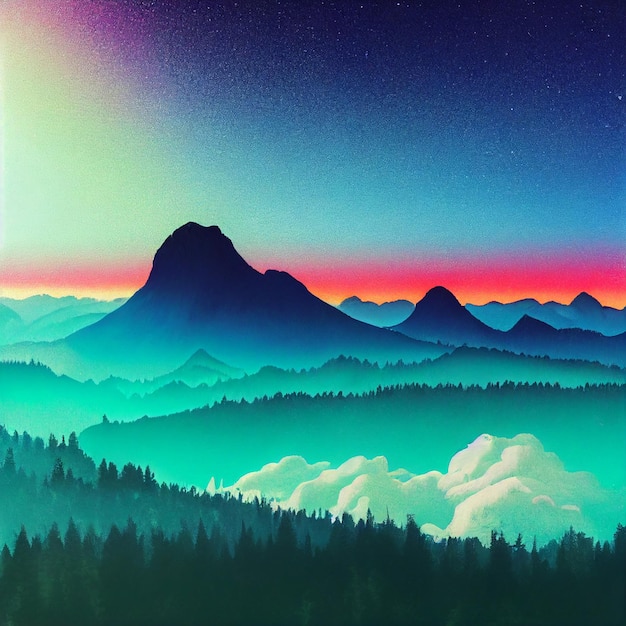 Illustrazione di synthwave del paesaggio di montagna di Vaporwave