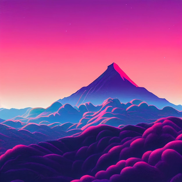 Illustrazione di synthwave del paesaggio di montagna di Vaporwave