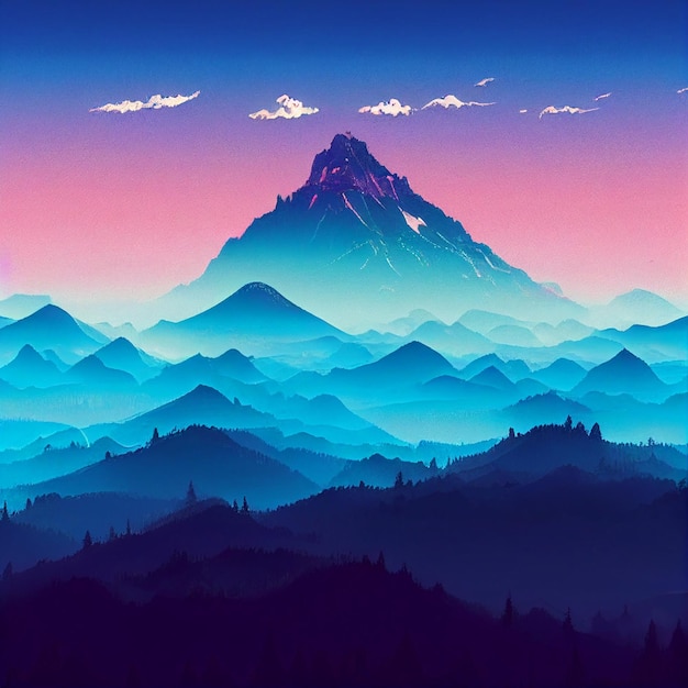 Illustrazione di synthwave del paesaggio di montagna di Vaporwave