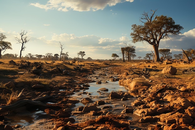 Illustrazione di terre desolate nucleari nella savana africana Generativa ai