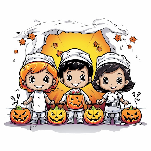 illustrazione di tre bambini arrabbiati in costumi di Halloween con impazienza