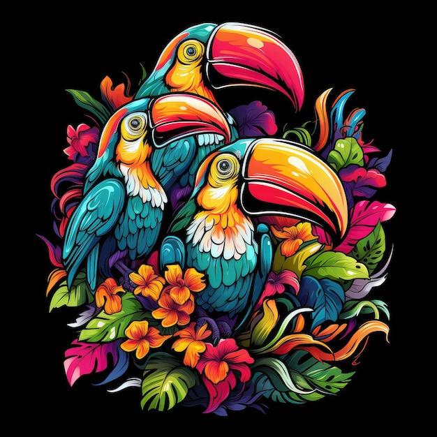 Illustrazione di uccelli tropicali Immagine decorativa colorata di tucani tra fiori luminosi isolati su sfondo nero in stile pop art accattivante Modello per adesivo per magliette ecc.