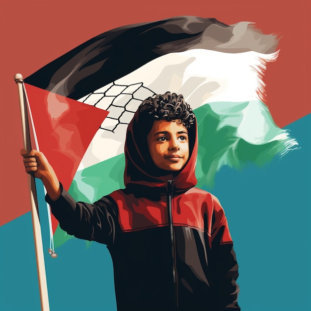 Illustrazione di un adolescente e una bandiera palestinese isolata sullo sfondo