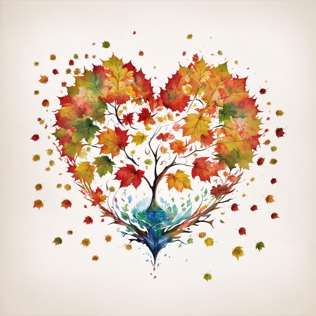 Illustrazione di un albero a foglie a forma di cuore con cornice floreale botanica su sfondo bianco