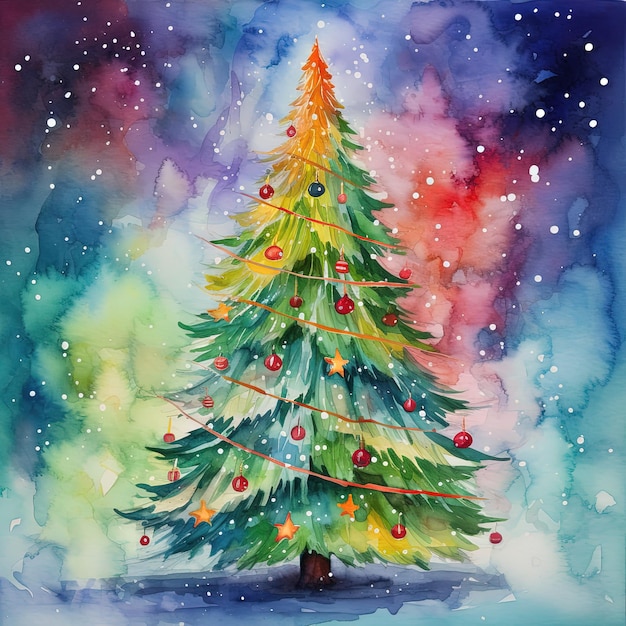 Illustrazione di un albero di Natale colorato ad acquerello
