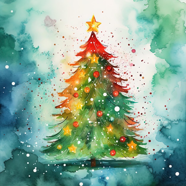 Illustrazione di un albero di Natale colorato ad acquerello