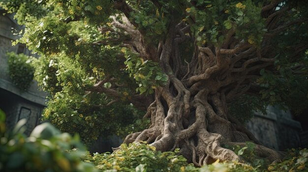 Illustrazione di un albero molto denso in mezzo alla foresta