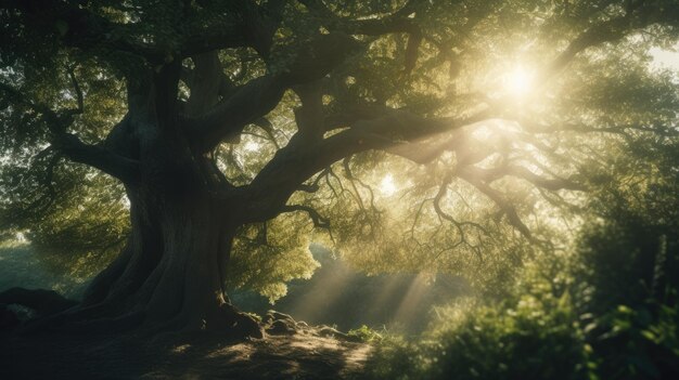 Illustrazione di un albero molto denso in mezzo alla foresta