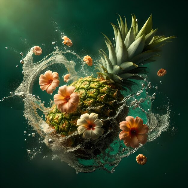 Illustrazione di un ananas con uno spruzzo d'acqua