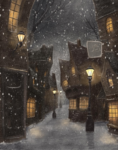 Illustrazione di un'antica strada di notte in tempo di neve