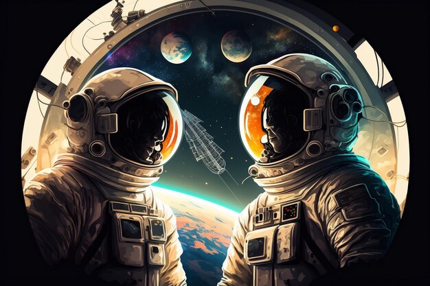 Illustrazione di un astronauta in una stazione spaziale che galleggia nello spazio cosmico Tute spaziali trasparenti per operazioni spaziali Generative ai