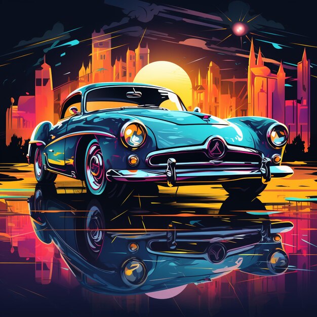 illustrazione di un'auto classica in una città di notte generativa ai