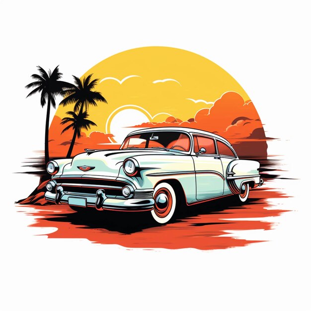 Illustrazione di un'auto classica parcheggiata sulla spiaggia al tramonto