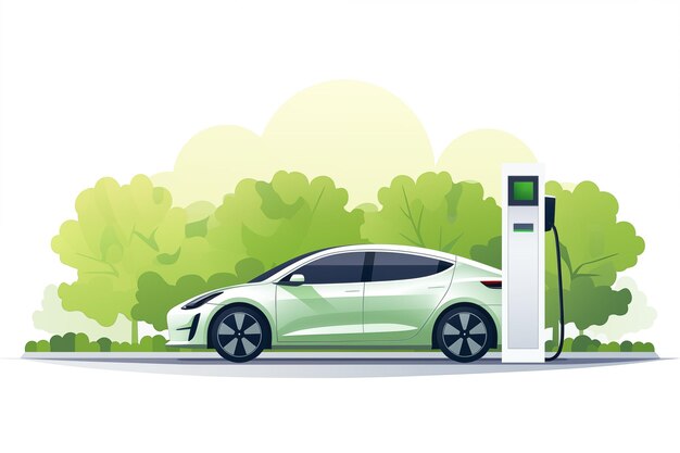 Illustrazione di un'auto elettrica in carica nella stazione con sfondo verde