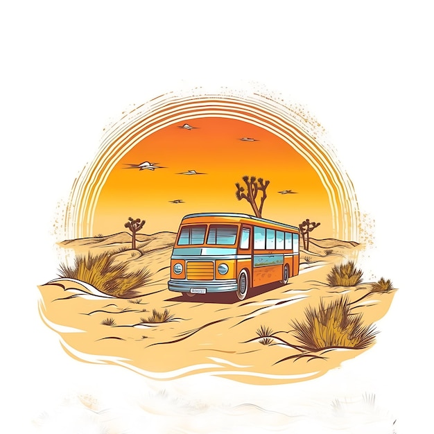 Illustrazione di un autobus nel deserto con il sole che tramonta dietro di esso IA generativa