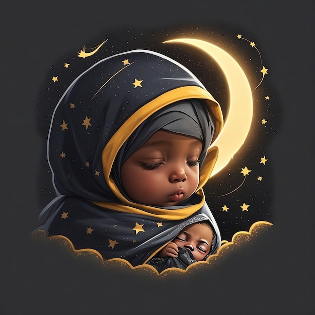 illustrazione di un bambino africano che dorme con la mezzaluna e le stelle sullo sfondo
