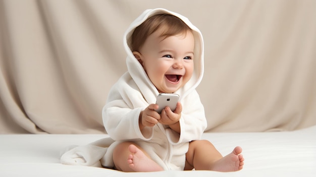 illustrazione di un bambino carino e felice che tiene in mano uno smartphone Laughing Natura