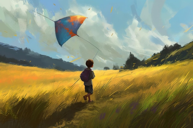Illustrazione di un bambino che gioca con un aquilone in un campo