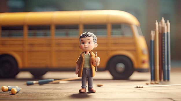 Illustrazione di un bambino che guida un cartone animato di scuolabus