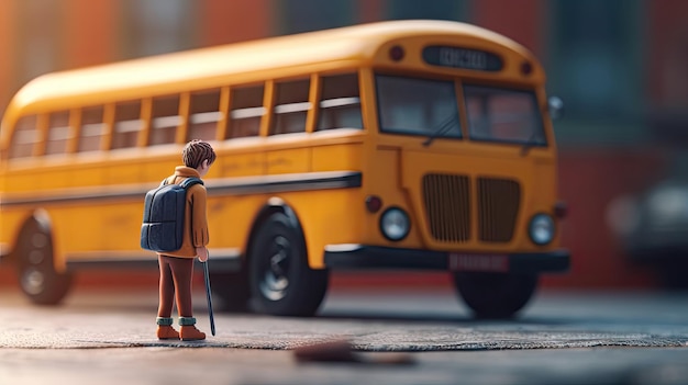 Illustrazione di un bambino che guida un cartone animato di scuolabus