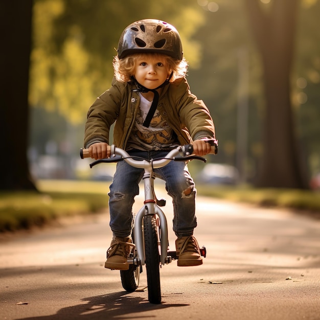 illustrazione di un bambino che impara a guidare una bicicletta nel parco