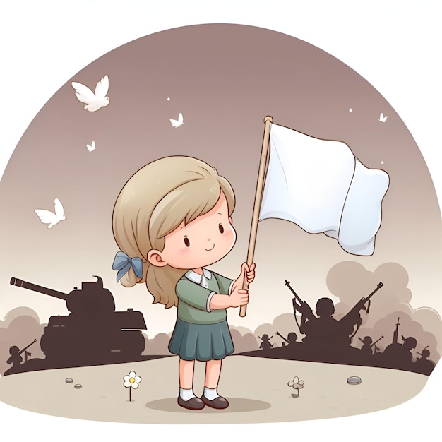 illustrazione di un bambino che innalza una bandiera bianca nel bel mezzo della guerra