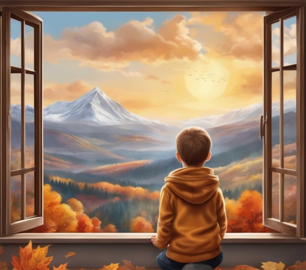 illustrazione di un bambino che osserva un paesaggio montano autunnale attraverso la finestra