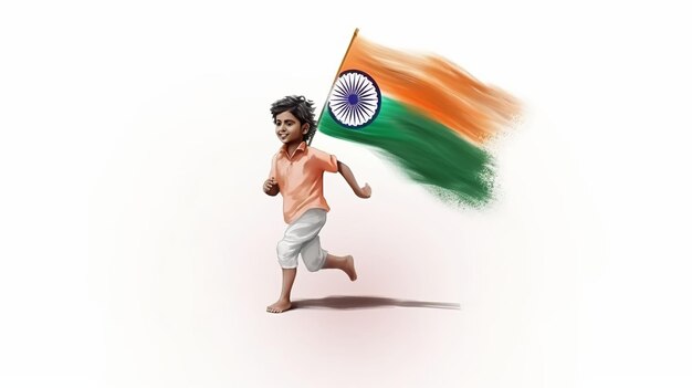 Illustrazione di un bambino con la bandiera indiana per il Giorno dell'Indipendenza dell'India e la Giornata della Repubblica Generative Ai