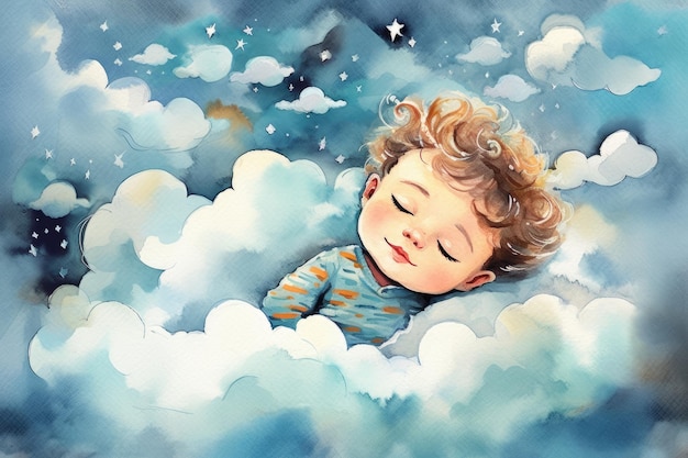 Illustrazione di un bambino piccolo che dorme su una nuvola generata dall'AI