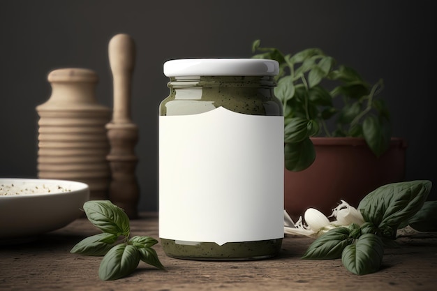 Illustrazione di un barattolo mockup di pesto di basilico Generazione AI