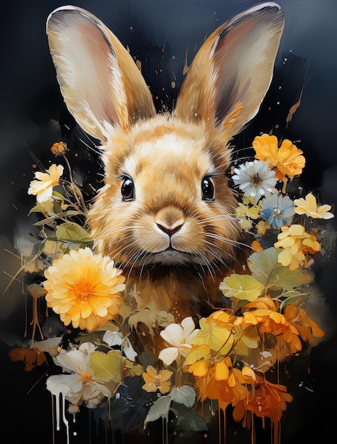Illustrazione di un bel coniglio che tiene in mano e circondato da fiori