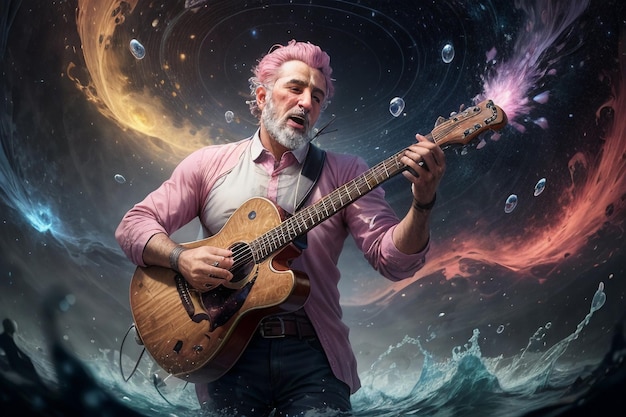 Illustrazione di un bel uomo che suona la chitarra e canta sullo sfondo di carta da parati colorata