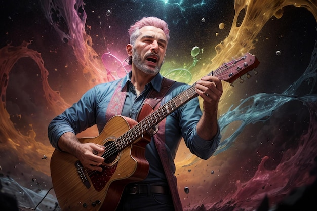 Illustrazione di un bel uomo che suona la chitarra e canta sullo sfondo di carta da parati colorata