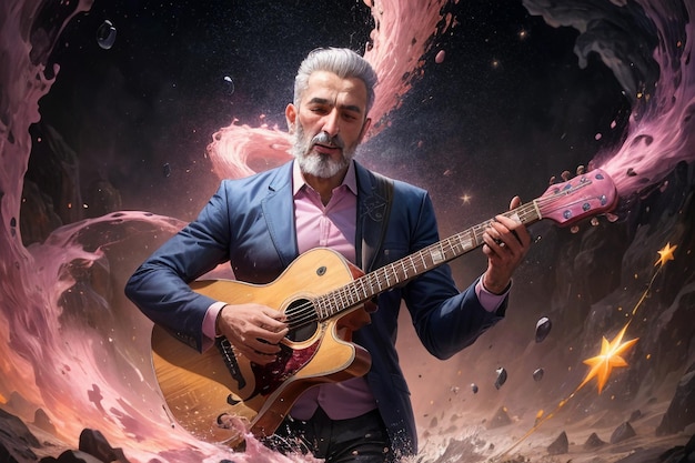 Illustrazione di un bell'uomo che suona la chitarra e canta lo sfondo colorato della carta da parati